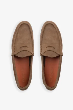 Beige apron toe suede loafers