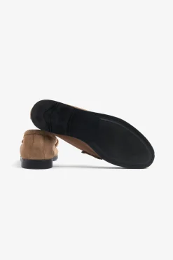 Beige apron toe suede loafers