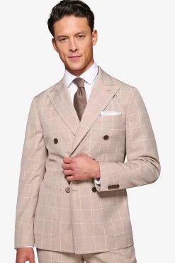Beige check double-breasted suit blazer