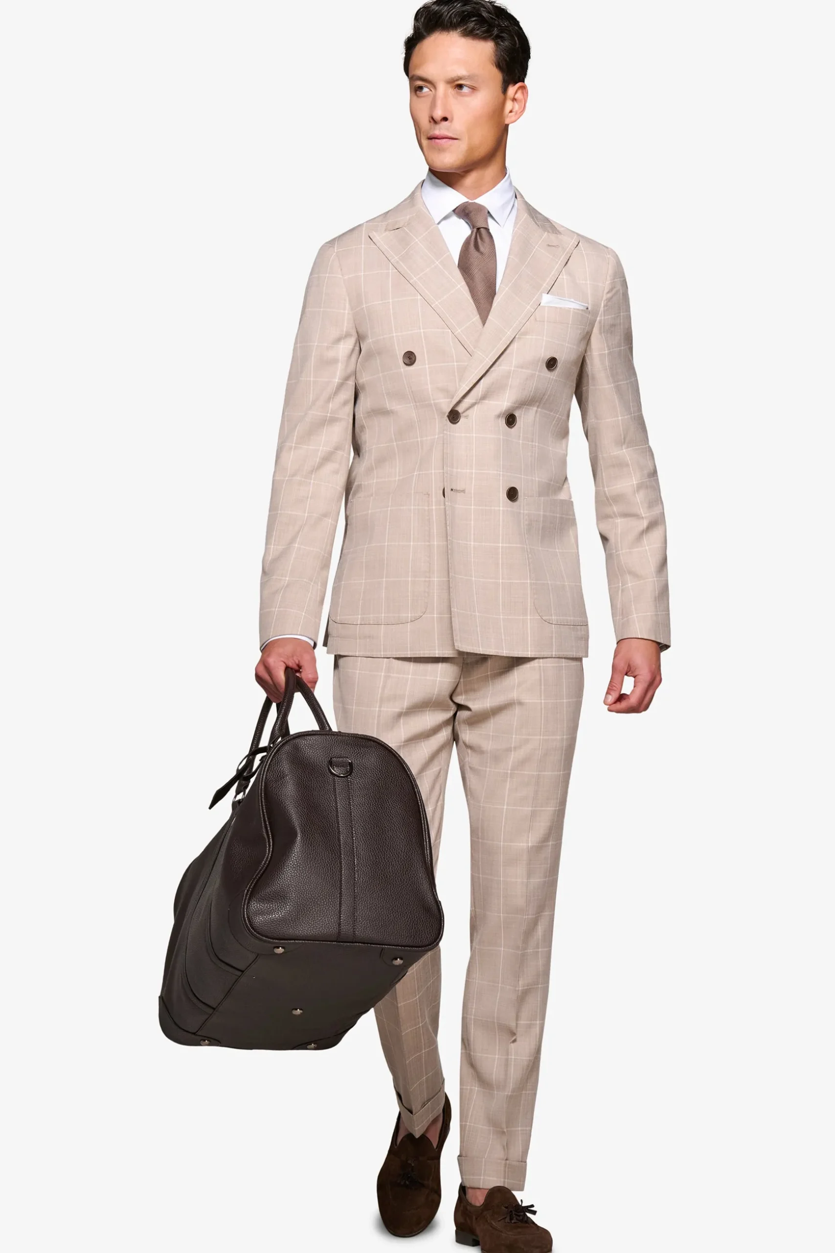 Beige check double-breasted suit blazer