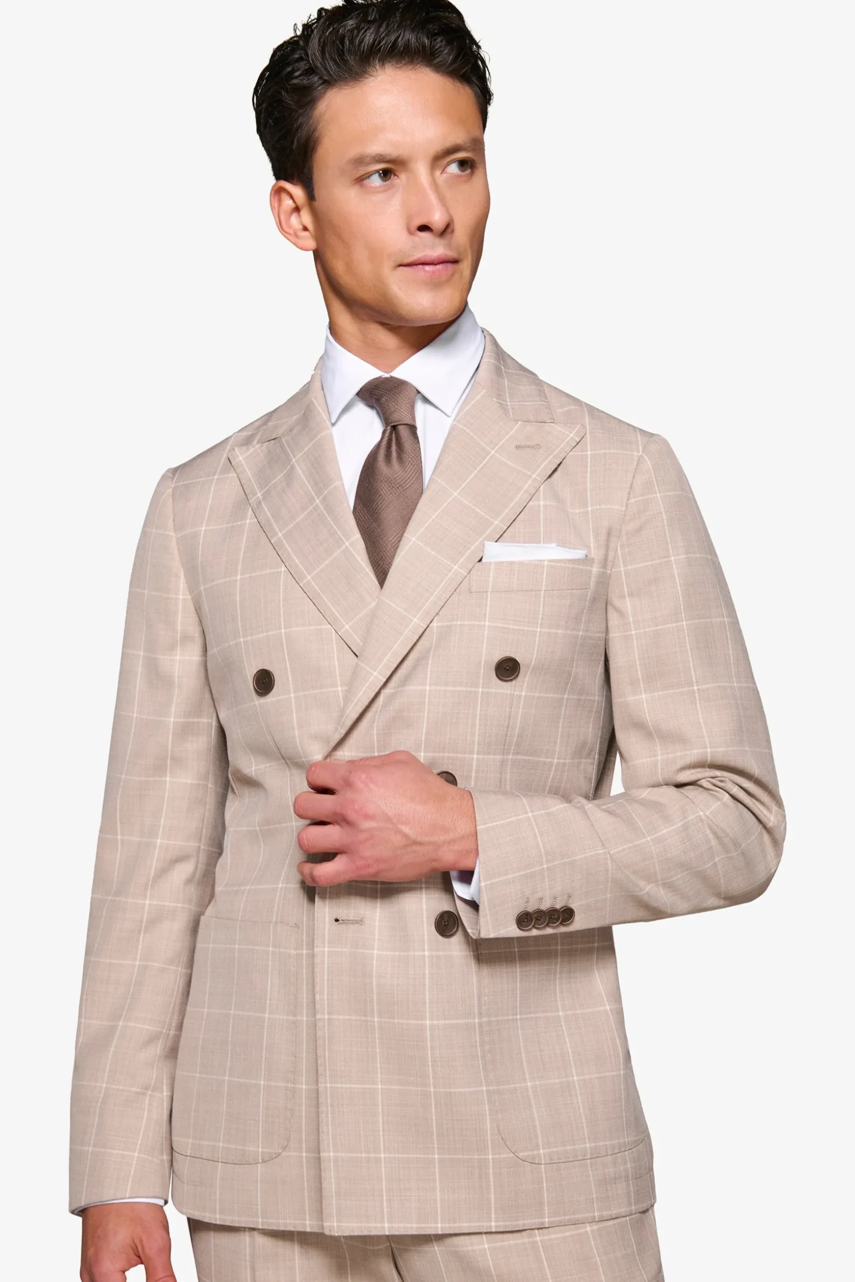 Beige check double-breasted suit blazer