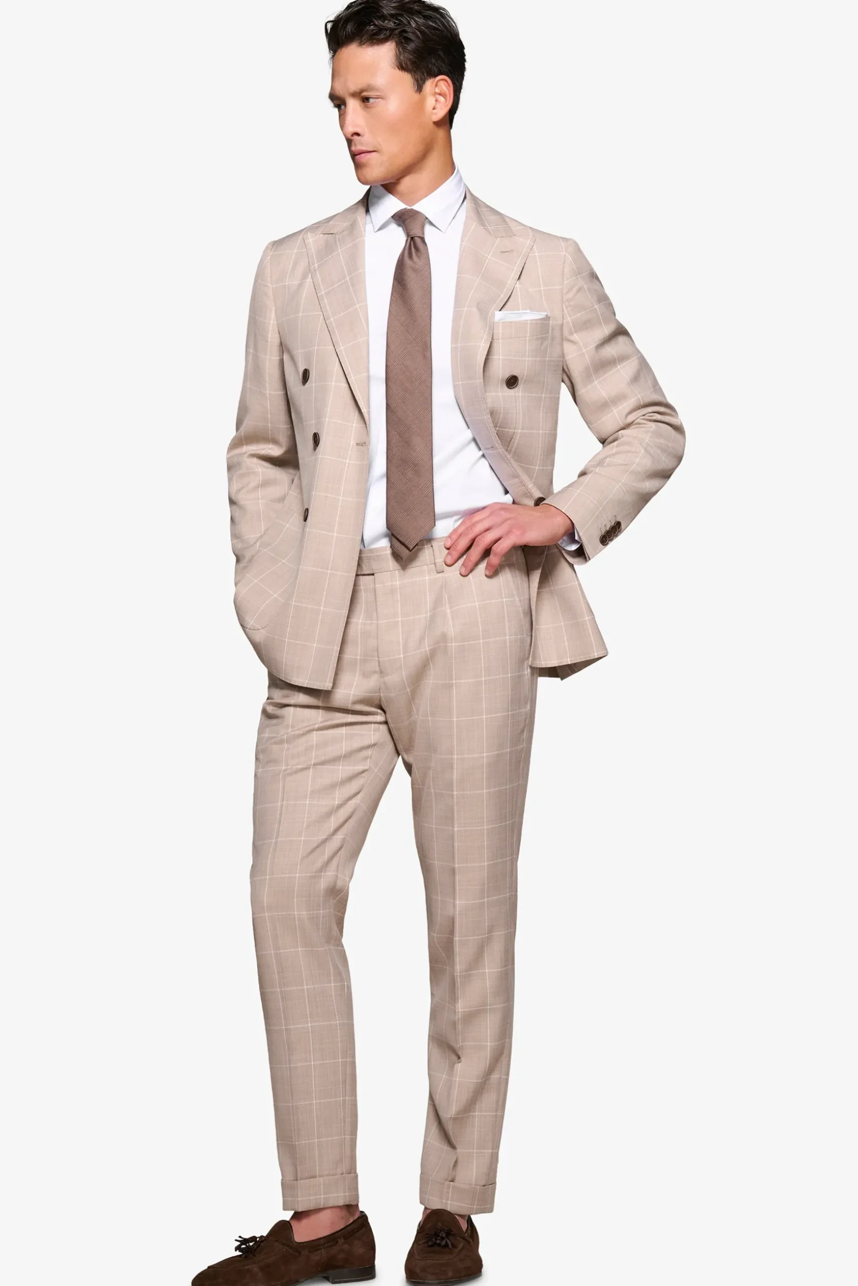 Beige check double-breasted suit blazer