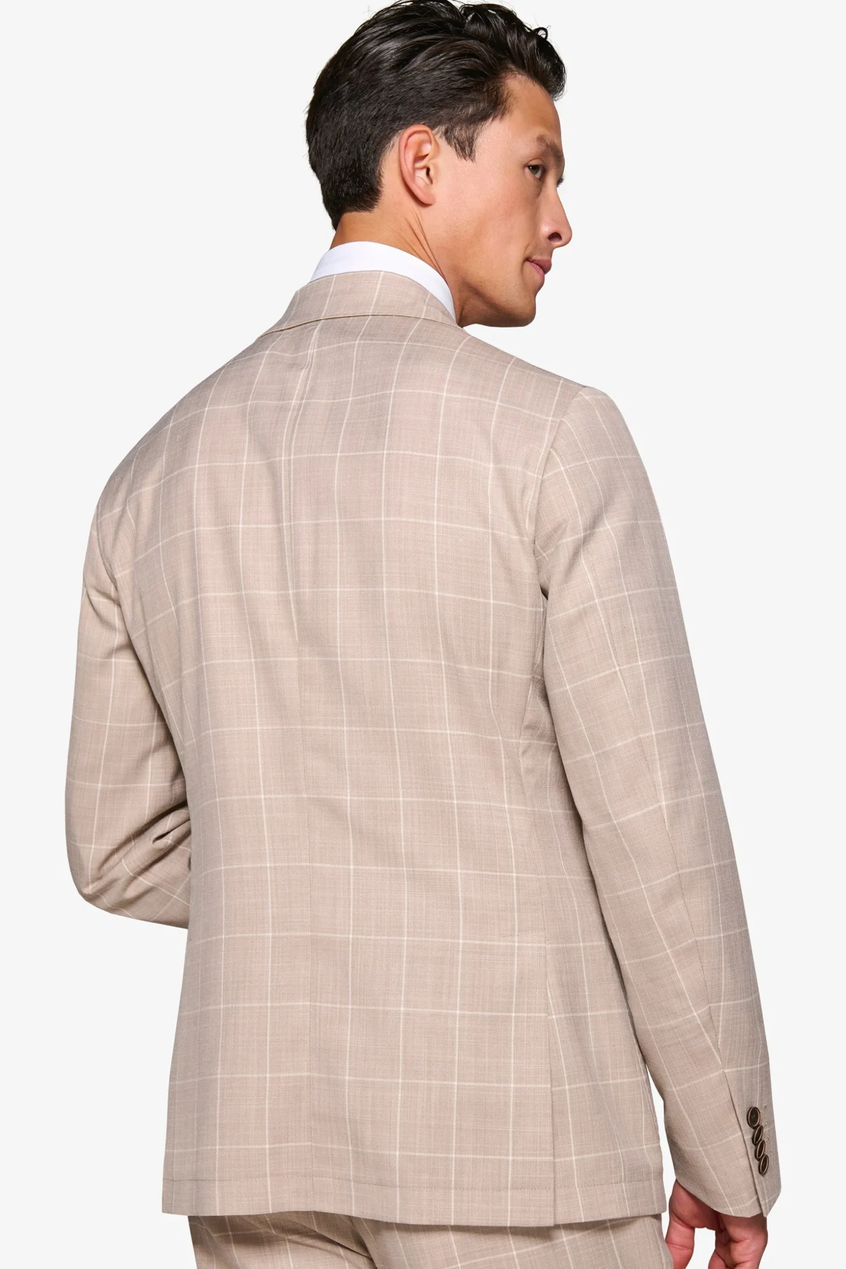 Beige check double-breasted suit blazer