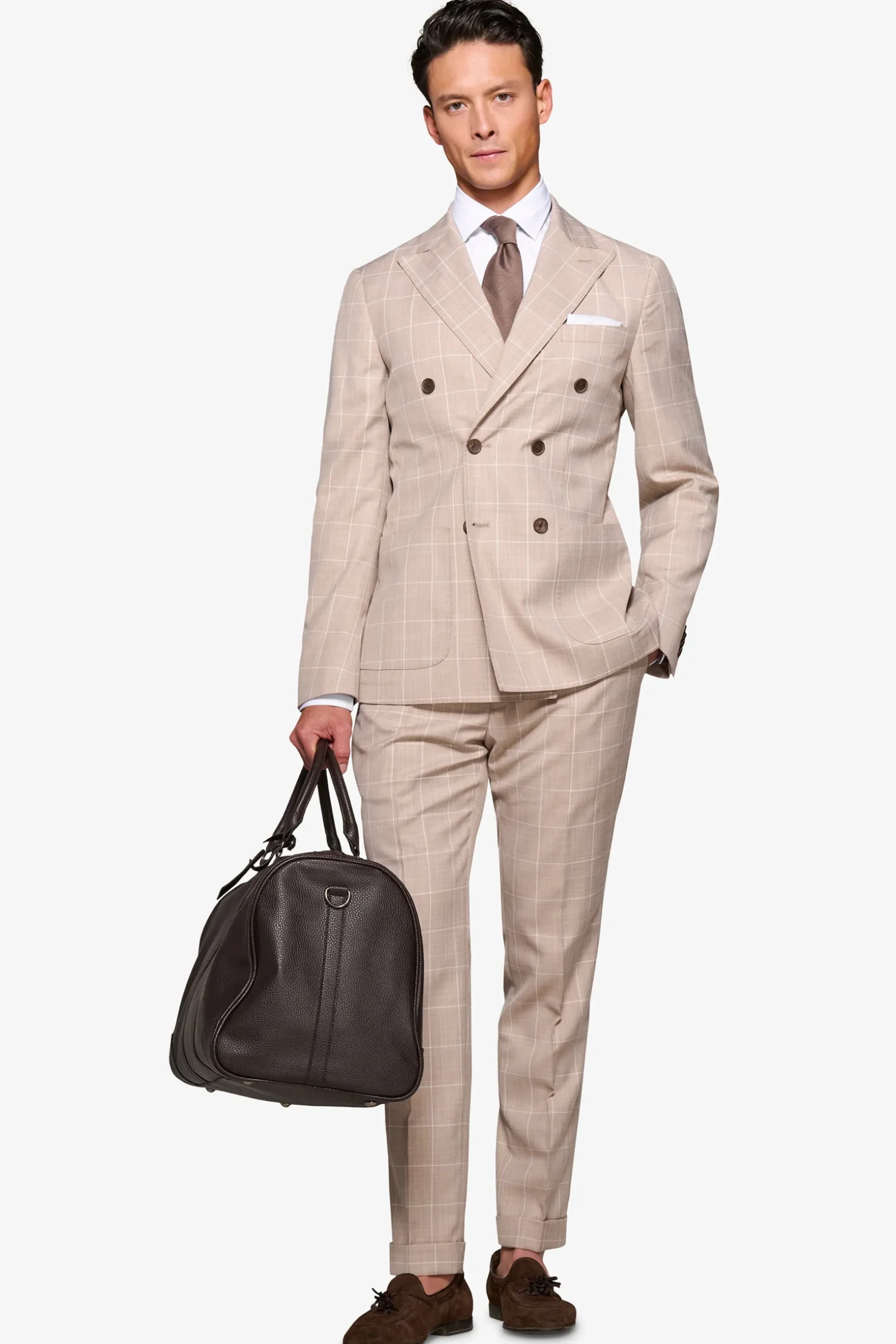 Beige check double-breasted suit blazer