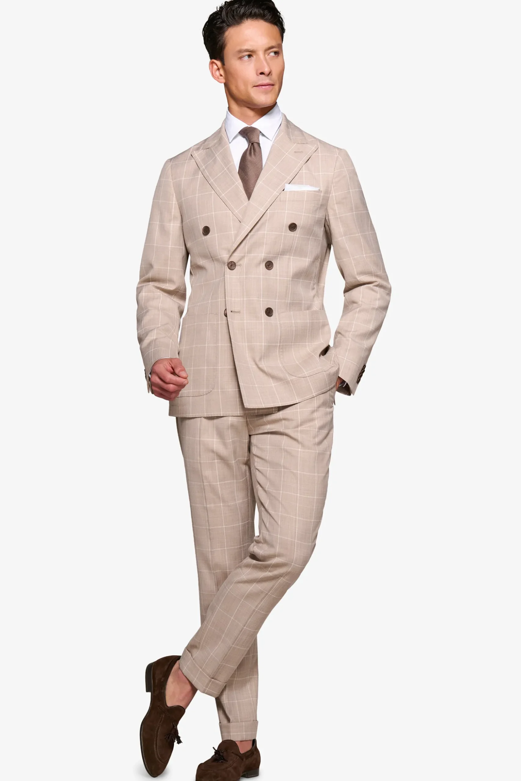 Beige check double-breasted suit blazer