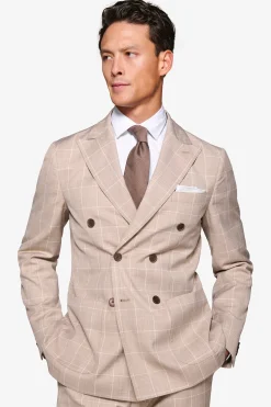 Beige check double-breasted suit blazer