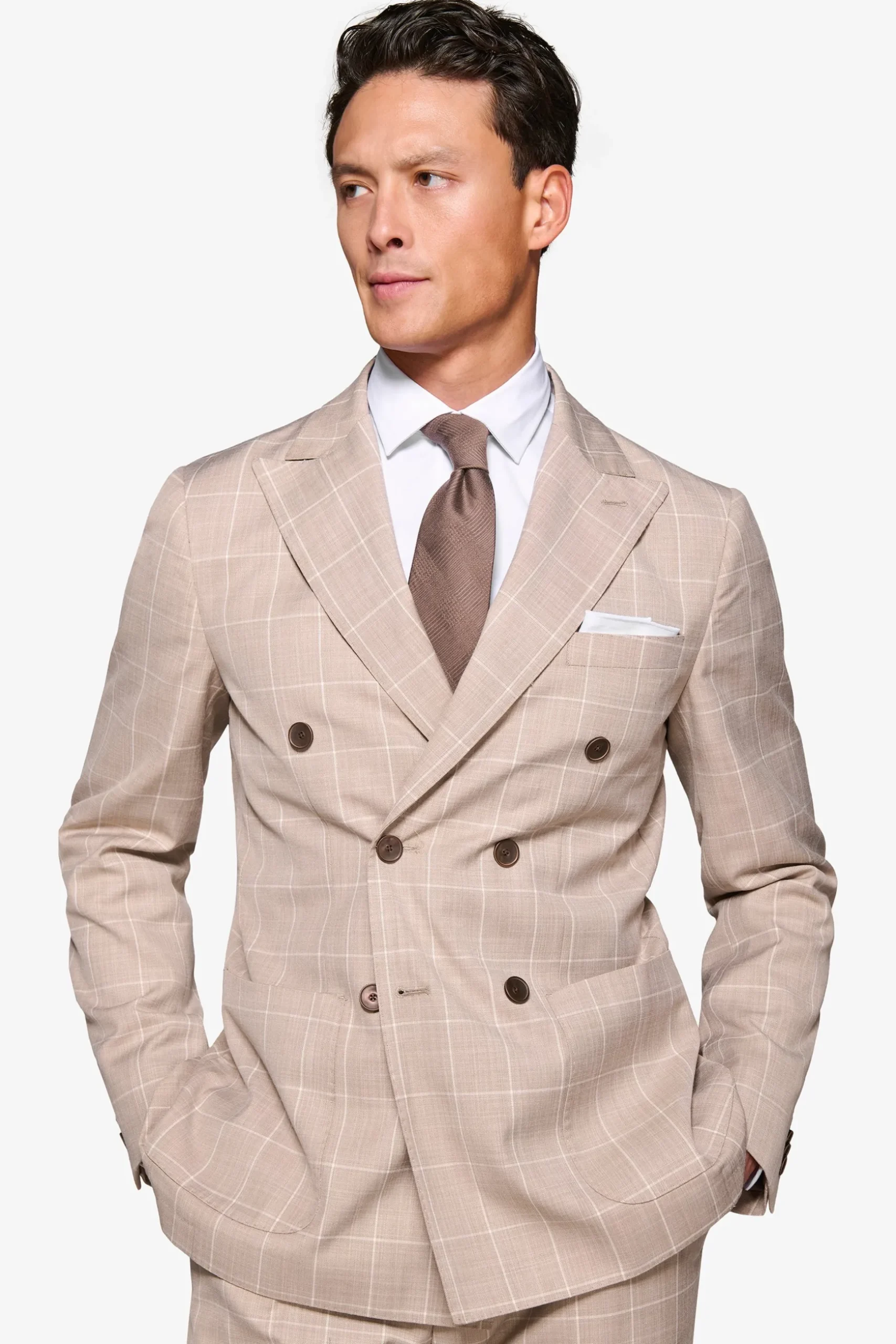 Beige check double-breasted suit blazer