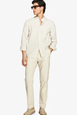 Beige linen blend mandarin collar shirt
