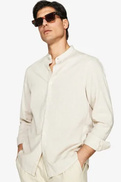 Beige linen blend mandarin collar shirt
