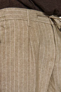 Beige pinstriped linen blend drawstring trousers