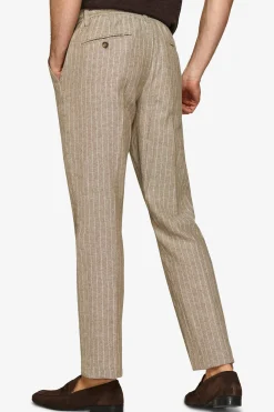 Beige pinstriped linen blend drawstring trousers