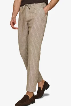 Beige pinstriped linen blend drawstring trousers