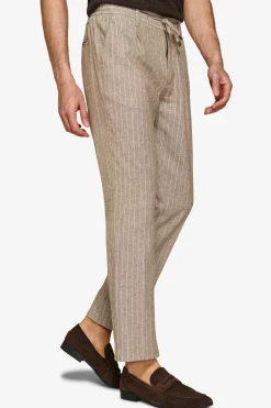Beige pinstriped linen blend drawstring trousers