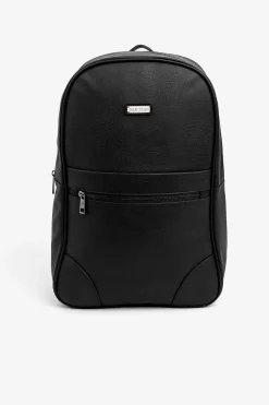Black faux-leather backpack