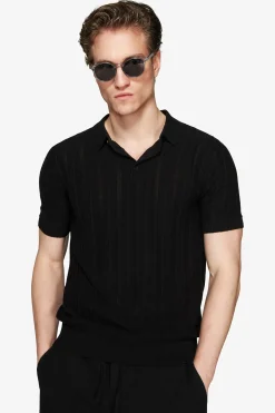 Black perforated knit polo shirt