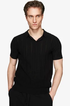 Black perforated knit polo shirt