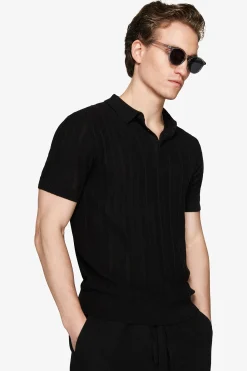 Black perforated knit polo shirt