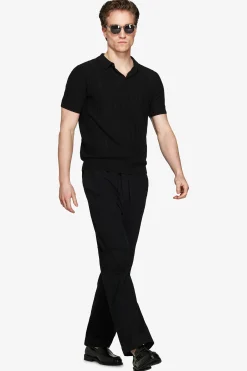 Black perforated knit polo shirt