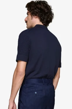 Blue brick-stitch knit shirt
