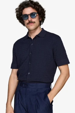 Blue brick-stitch knit shirt