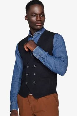 Blue double-breasted knitted waistcoat