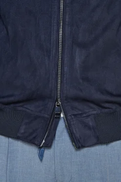 Blue ecosuede full zip bomber jacket