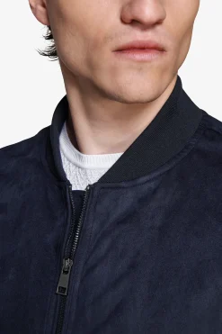 Blue ecosuede full zip bomber jacket