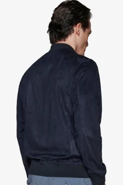 Blue ecosuede full zip bomber jacket