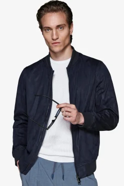Blue ecosuede full zip bomber jacket