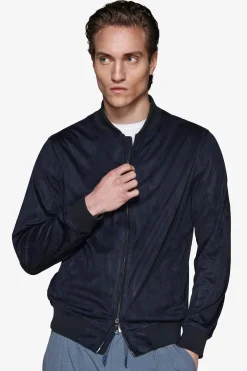 Blue ecosuede full zip bomber jacket