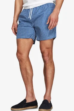 Blue geometric print swim trunks