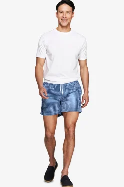 Blue geometric print swim trunks