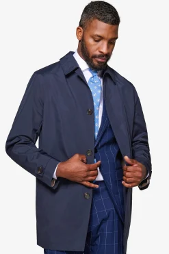 Blue lightweight technical trench coat