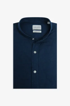 Blue linen blend mandarin collar shirt