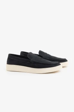 Blue suede apron toe loafers