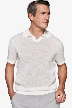 Cream linen blend knit polo shirt
