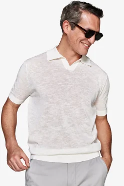Cream linen blend knit polo shirt