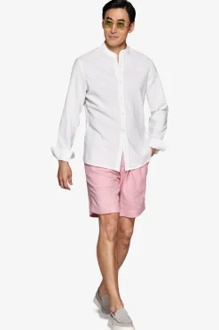 Cream linen blend mandarin collar shirt