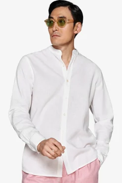 Cream linen blend mandarin collar shirt