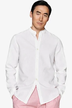 Cream linen blend mandarin collar shirt