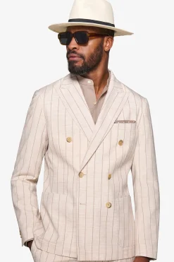 Cream melange pinstripe double-breasted suit blazer