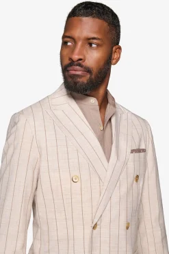 Cream melange pinstripe double-breasted suit blazer