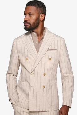 Cream melange pinstripe double-breasted suit blazer