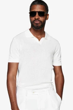 Cream textured knit polo shirt