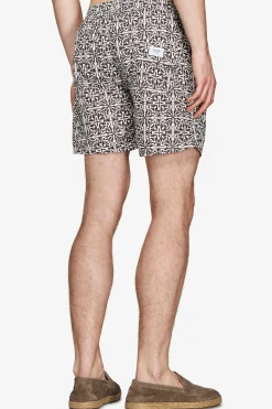 Dark brown ethnic print swim trunks