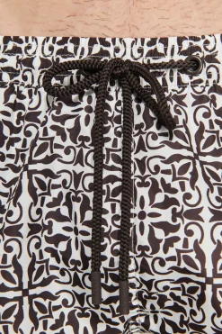 Dark brown ethnic print swim trunks