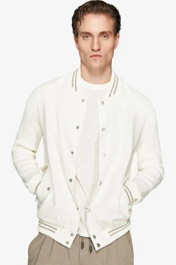 DNJ Cream dual material linen blend bomber jacket