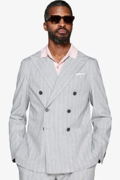 Gray double-breasted pinstripe blazer