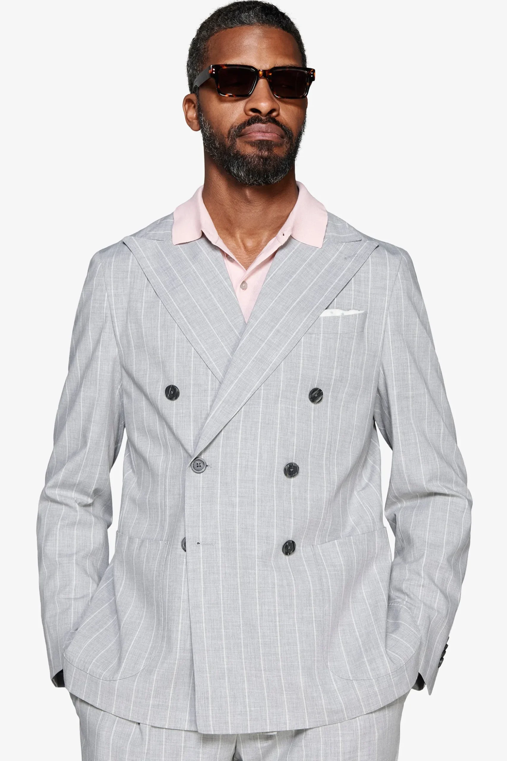 Gray double-breasted pinstripe blazer