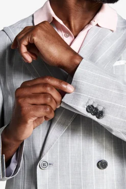 Gray double-breasted pinstripe blazer